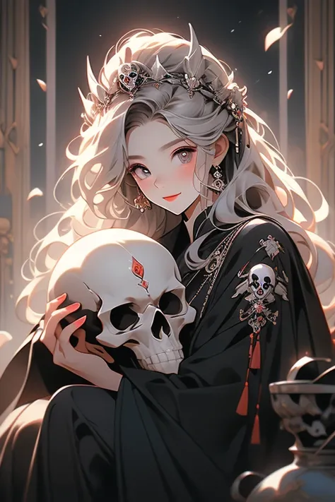 Demon, adult, Beautiful  face, soft, rounded features, rosy cheeks, big doe eyes, dimpled smile, figure with slightly exaggerated curves, Black flowing robes, silver embroidery, silver crown, oversized black boots, crimson cape, comically large skull-shape...