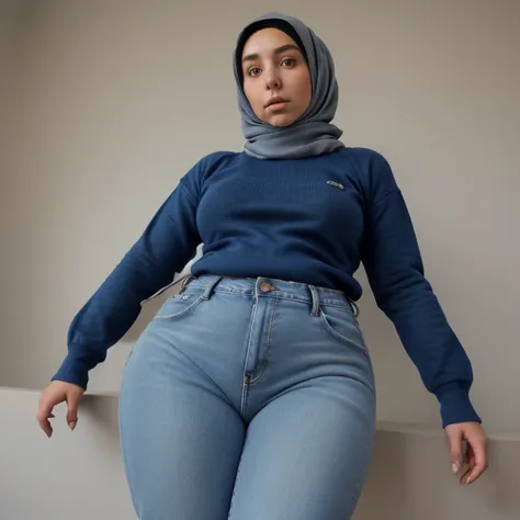 Une fille brune porte un hijab et une pull lacoste manches longues et jeans bleu with very big thighs 