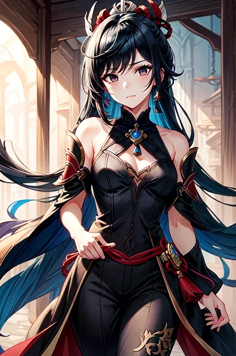 masterpiece, best quality, 1women, adult, female focus, solo, medium black hair, vibrant black eyes, looking at viewer, closed mouth, emo, Fantasy aesthetics, Highly detailed, shadowverse style, wearing clothes from genshin impact