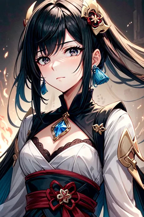 masterpiece, best quality, 1women, adult, female focus, solo, medium black hair, vibrant black eyes, looking at viewer, closed mouth, emo, Fantasy aesthetics, Highly detailed, shadowverse style, wearing clothes from genshin impact