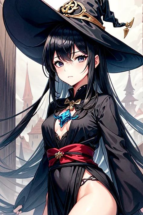 masterpiece, best quality, 1women, adult, female focus, solo, medium black hair, vibrant black eyes, looking at viewer, closed mouth, emo, Fantasy aesthetics, Highly detailed, shadowverse style, wearing witch hat and clothes from genshin impact