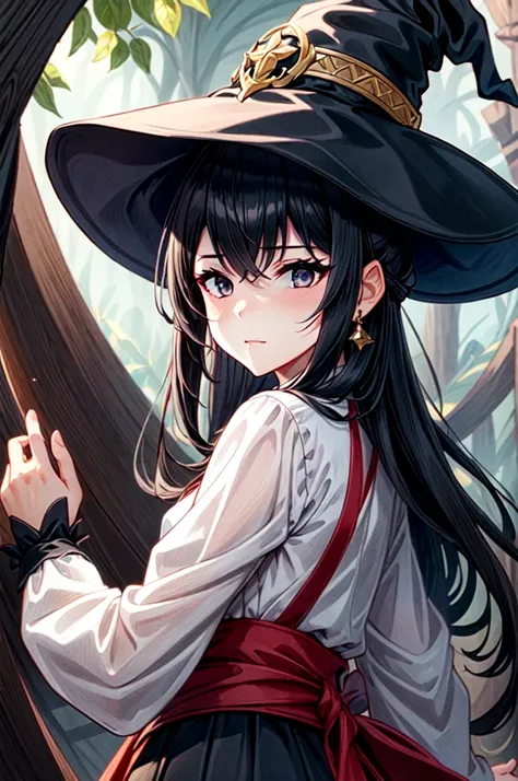 masterpiece, best quality, 1women, adult, female focus, solo, medium black hair, vibrant black eyes, looking at viewer, closed mouth, emo, Fantasy aesthetics, Highly detailed, shadowverse style, wearing witch hat and clothes from genshin impact