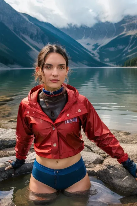 Natoo,une femme portant une combinaison, lac de montagne, (covered lighting:0.5) wet clothes bimbo outfit choker