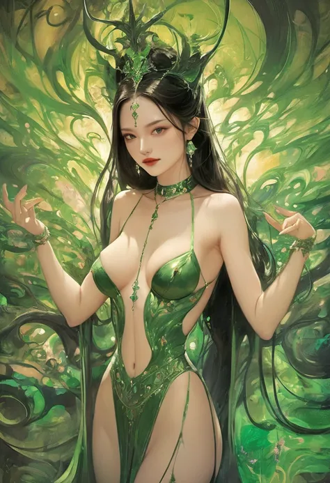 A provocative painting，Depicts a sexy lady from hell in a charming green themed scene, embodying the allure and strength of Hela in an epic split-screen composition that heightens the theatricality and mystique of her character. The green color scheme infu...