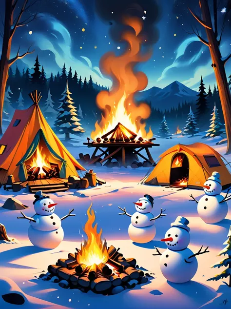 a vibrantly animated scene，a campsite under a starry night sky，in the middle of the site，there is a blazing bonfire，there is a p...