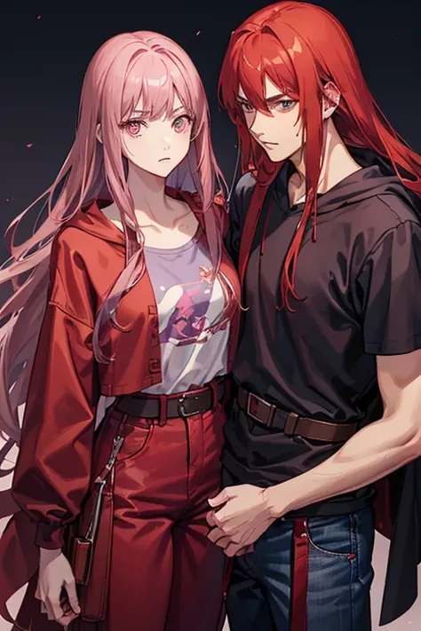 Young man with long red hair, brown shirt, gray short sleeve jacket hoodie, blue jeans,  red belt, red boots, annoyed expression, holding a young woman with long pink hair, pink long sleeve, pink kimono, purple belt, pink eyes