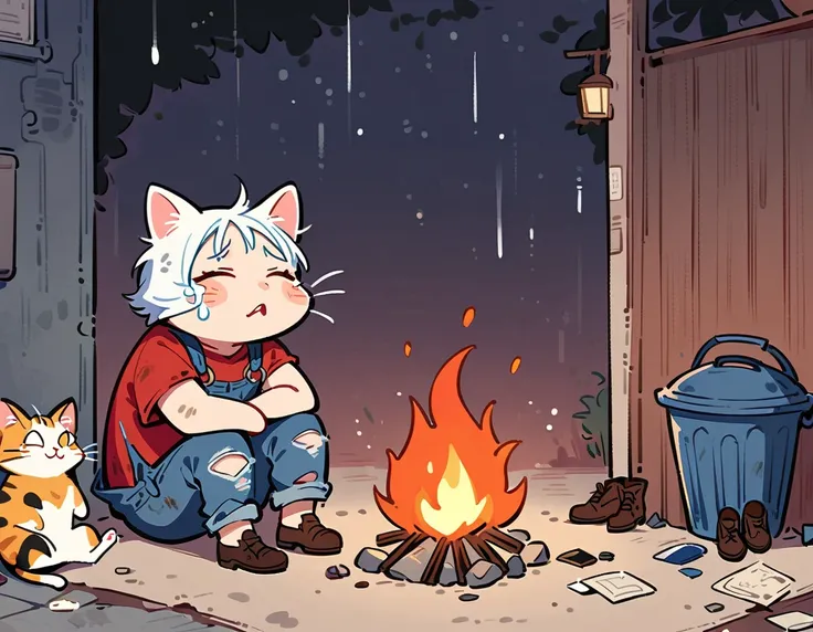 cartoon illustration，Simplicity，Late Night，heavy snow，（personification），Stray cats，solo，(Sit in front of a campfire:1.5)，dirty，Close your eyes，cry，Listless，Malaise，decadent，Loose-fitting ripped denim overalls，red linen shirt，Worn leather shoes，Carrying a b...