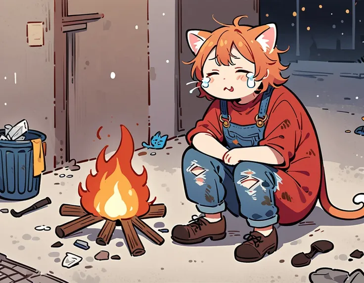 cartoon illustration，Simplicity，Late Night，heavy snow，（personification），Stray cats，solo，(Sit in front of a campfire:1.5)，dirty，Close your eyes，cry，Listless，Malaise，decadent，Loose-fitting ripped denim overalls，red linen shirt，Worn leather shoes，Carrying a b...