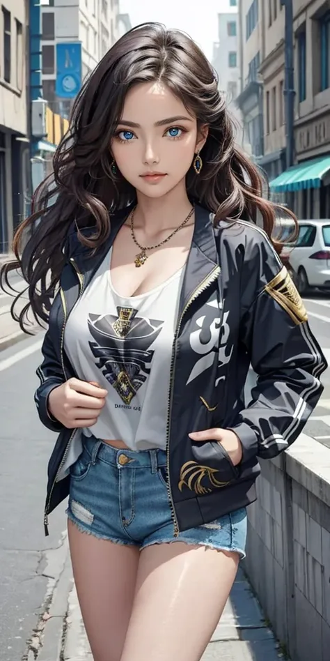 best quality, a beautiful woman, long wavy hair, printed halterneck top, necklace, jacket, short shorts, perfect slim fit body, large breasts, cyber city streets, realism, elaborate details, evening