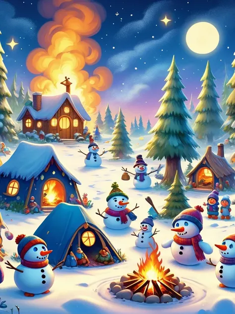 A vibrantly animated scene，A campsite under a starry night sky，In the middle of the site，There is a blazing bonfire，There is a pile of wood nearby，(The cute snowmen dancing around the bonfire)，(There is a snowman melted by fire:1.3)，These snowmen are doing...