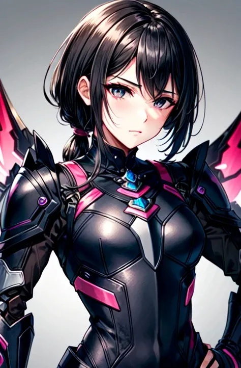 masterpiece, best quality, 1women, adult, female focus, solo, medium black hair, vibrant black eyes, looking at viewer, medium , closed mouth, emo, Fantasy aesthetics, Highly detailed, shadowverse style, wearing robo suit armor with gold and pink color