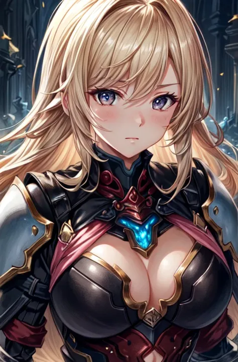 (masterpiece, best quality,hd,ultra hd,detailed,hdr,8k), 1women, adult, female focus, solo, medium blonde hair, vibrant black eyes, looking at viewer,huge chest, closed mouth, emo, Fantasy aesthetics, Highly detailed, shadowverse style, wearing robo suit a...