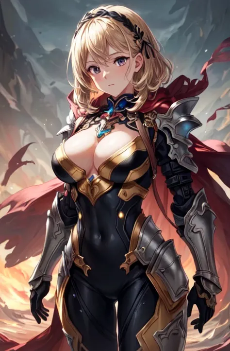 (masterpiece, best quality,hd,ultra hd,detailed,hdr,8k), 1women, adult, female focus, solo, medium blonde hair, vibrant black eyes, looking at viewer,huge chest, closed mouth, emo, Fantasy aesthetics, Highly detailed, shadowverse style, wearing robo suit a...