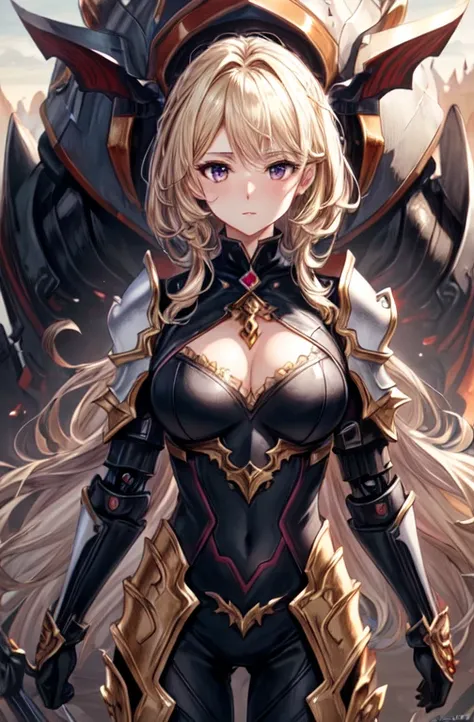 (masterpiece, best quality,hd,ultra hd,detailed,hdr,8k), 1women, adult, female focus, solo, medium blonde hair, vibrant black eyes, looking at viewer,huge chest, closed mouth, emo, Fantasy aesthetics, Highly detailed, shadowverse style, wearing robo suit a...