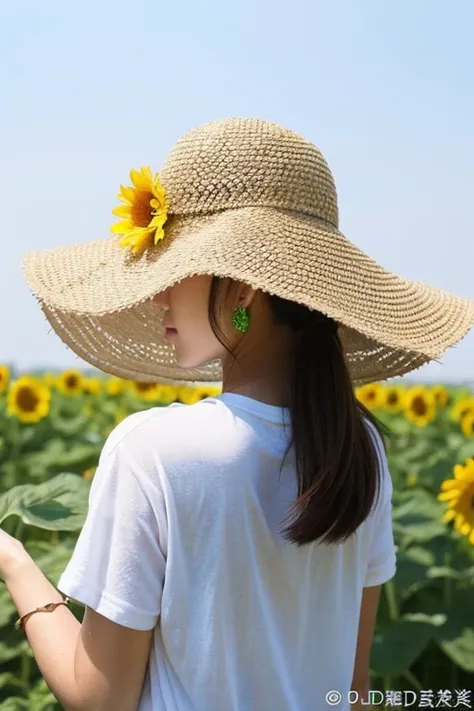 woman　Back view　summer　sunflower　hat　T-Shirts