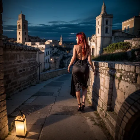 sassi_di_matera, (a religious Italian woman climbs a country road towards a church in the hills), a church at the top of the hill, ((gorgeous Lady walking in the streets of Matera. 1woman redhead wearing a night black dress with open back)), atmospheric ol...