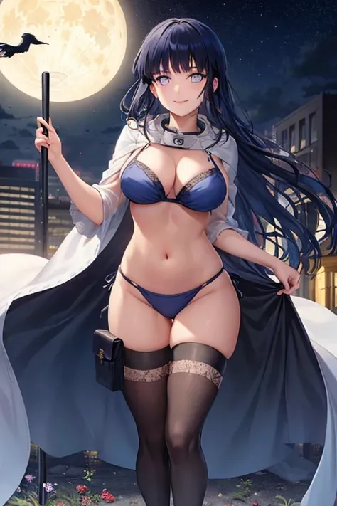 (​masterpiece),(best),full body Esbian,Beautiful full moon background,Night background,Sitting,1 female,Glossy hair,White cloak,(see -through),Navel,Pale smile,a plant,florals,fullmoon,Detective theme,((Black legwear)), ((crows)),chains,Ruins, 1gir, In flo...