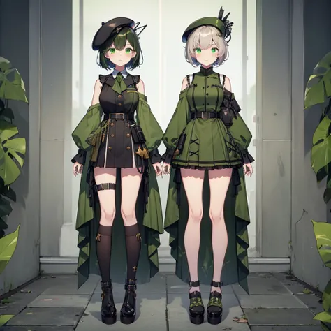 1girl、vtuber-fullbody、8K、A black military hat and a green camouflage pleated mini dress、The dark green tie has a black line down the center.、Milky white short hair、