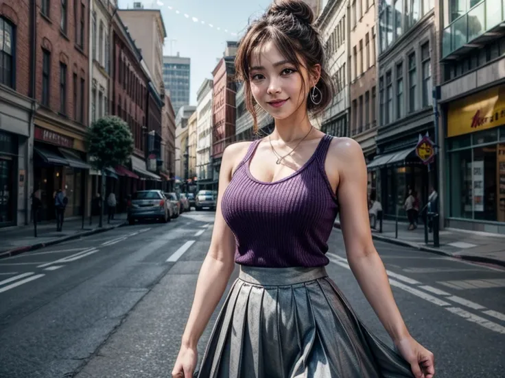 masterpiece, best quality, highres, , bob hair, cone hair bun, earrings, medium breasts, cleavage, purple shirt, purple bow, shoulder cutout, pleated skirt, black skirt, standing, cowboy shot, smile, street