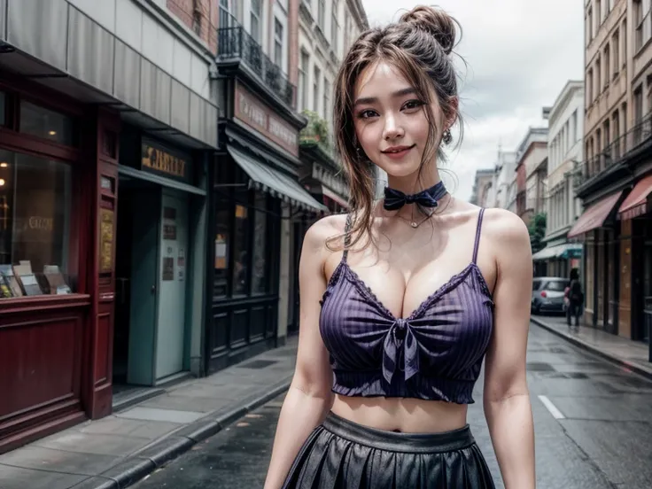 masterpiece, best quality, highres, , bob hair, cone hair bun, earrings, medium breasts, cleavage, purple shirt, purple bow, shoulder cutout, pleated skirt, black skirt, standing, cowboy shot, smile, street