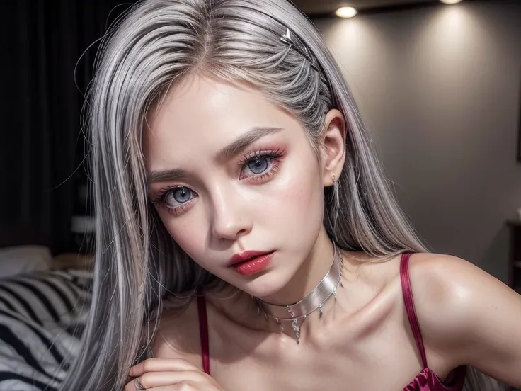 Female ((30year old)), hair ((silver, long)), eyes ((silver, small eyes)), clothes ((satin, short hands dress)), accessories ((chocker, hairpin)), mini breast, flat , bold make-up, red lips,