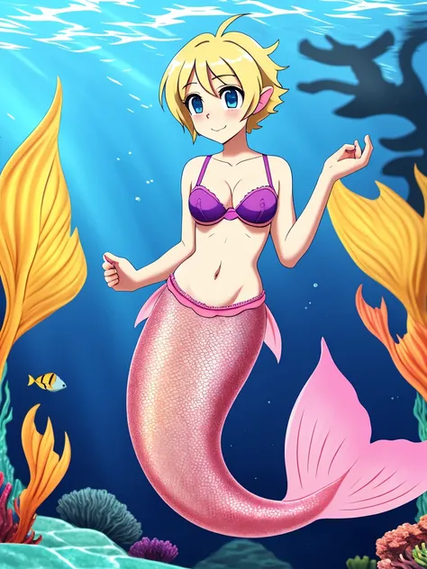 crossdressing, anime, tall, mature, beauty, small breasts, short hair, blonde hair, blue eyes, long mermaid tail below waistline, pink fish scales on skin, underwater, bra