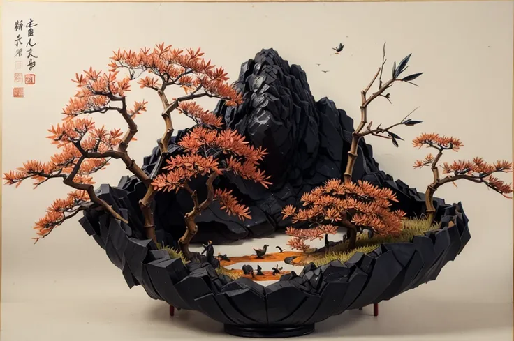 shukezouma, shuimobysim, ((starling)), willow branches, (masterpiece, best quality: 1.2), ((Traditional Chinese ink painting)), model style, bamboo branches, bamboo, wuchangshuo, red, orange, black, fire, starling, bird
