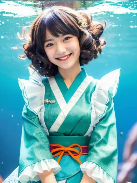 (masterpiece, best quality:1.2), underwater, solo, 1girl, wakasagihime, smile, looking at viewer, mermaid, drill hair, japanese ...