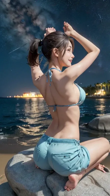 Tabletop, (highest quality), 23 years old,Very detailed, finely, (High resolution), (8k), ((Perfect rear view composition)), Natural color lip,(ponytail:1.3),((A girl sits with her legs spread apart on a rock)),(sitting barefoot on the sand:1.3),((bikini))...