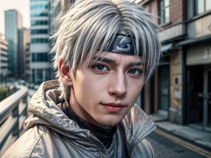 1male, a close up of a person, kakashi hatake from anime naruto, white hair, as an anime character, perfect anime, male anime character, anime character, gray clothes, red eyes, anime best man, smile, background city, handsome, ultra detail, realistic