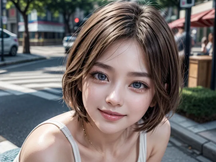 masterpiece, Best Quality, Illustration, Ultra-detailed, finely detail, hight resolution, 8K Wallpaper, Perfect dynamic composition, Beautiful detailed eyes, doress,short Hair,  Natural Color Lip, Random and sexy poses,Smile,Aoyama Street Walk、20 years gir...