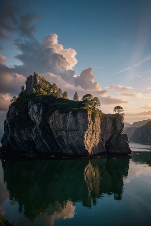 A photography that captures the essence of a magical dream - like world. An epic and legendary cliff that overhangs a beautiful lake, with surreal and vibrant colors illuminating its reflection. The atmosphere is otherworldly, with soft evening light casti...