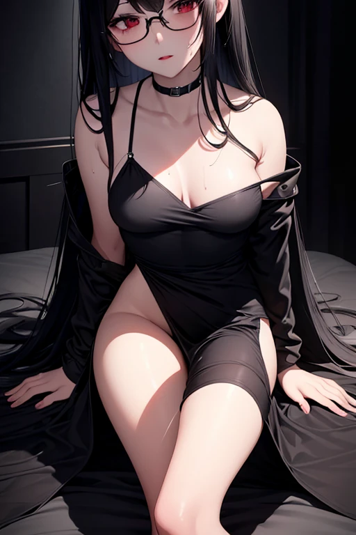 Dark Room、Late Night、Dark lamps、dark shadow、darkness、Beauty、noble、Black long straight hair、Red lipstick、Cool Beauty、sex appeal、Glasses、negligee、On the bed、From below、Bare Skin、Alluring、expose one&#39;s chest、Estrus、lure、Sweat、abuse