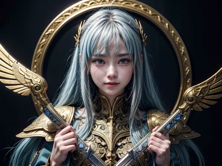 realisitic、４K、８K,　Photo Quality、Flying in the sky、photogenic、cyborgs、Have a golden sword、Metal Bird、Metal Bluebird、、Smiling、Looking at me kindly、(intricate-detail)、nffsw、(intricate-detail、ultra-detailliert:1.2)、Cinematic shots、full body Esbian、Hair is pale...