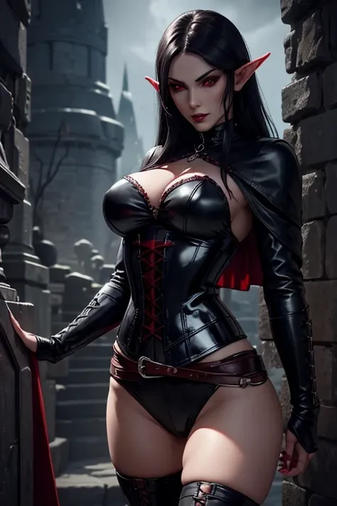 Dark elf, red eyes, gothic, beautiful, straight black hair, black clothing, corset, leather boots, 8k, darkness, night elf, sexy, dominatrix, whip, medieval mask, nocturnal, evil, leather clothing