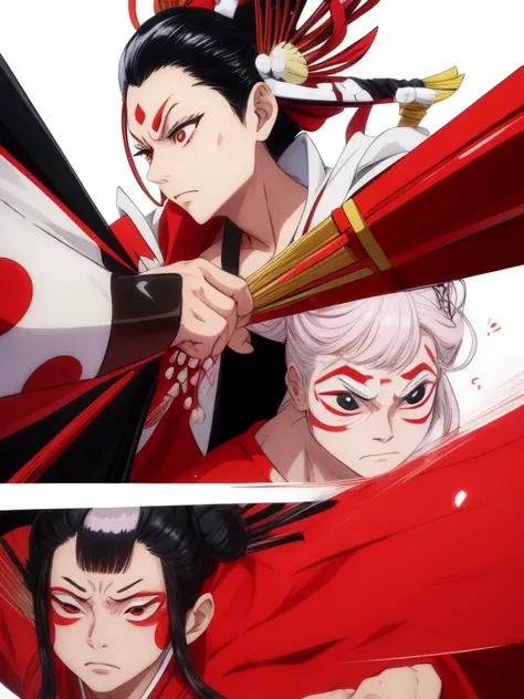 In the Kabuki recruiting book、Kumatori on the face（Draw a red line on a white background）Sukeroku stepping on six directionale 、Kabuki stage、Bright lighting