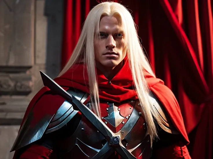 A long-haired male albino knight, Wearing heavy armor，Wears a red hood，Holding a long sword