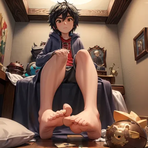 ((masterpiece)), ((highest quality)), young male, hro hamada_big hero 6, in his bedroom, showing the soles of his feet, perfect ...