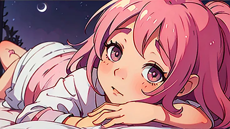 A cute pink-toned image of a sleepy girl looking up at the night sky from her bed　From afar　Anime Style