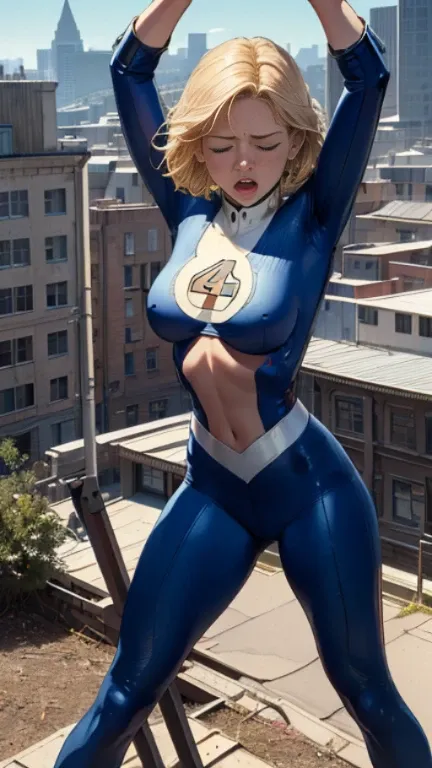 (Highly quality, masterpiece, detailed), city detailed scenario, city detailed background, (x shaped pasting stand), (hands up, spread hands, in stocks pose:1.25), 1girl, Susan Storm, blue eyes, blonde hair, full body blue bodysuit, sleeves, perfect face, ...