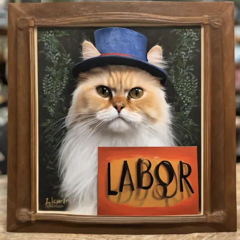 A Persian cat holding up a sign that says labor is illegal, signed: help me 🐱🗣️ #LaborRights #PetsForPeace