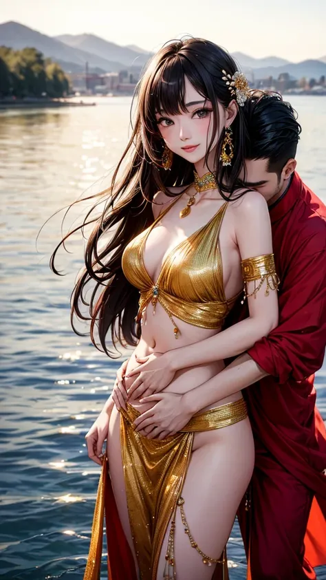 highest quality、4K quality、A slender woman in a belly dance costume dancing by the water、A man hugs her from behind。sexual intercourse