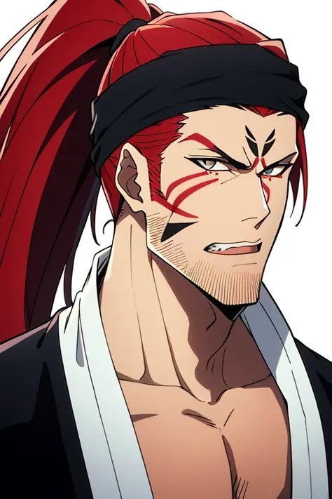 bleach style, 1boy, collarbone, facial tattoo, headband, high ponytail, long hair, looking at viewer, male focus, open mouth, red hair, sideburns, solo, tattoo, teeth, upper body, upper teeth only, white background, ((masterpiece))