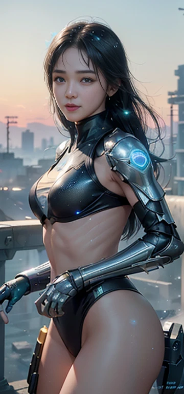 ((highest quality)), ((masterpiece)), ((Realistic)), (detailed), (photoRealistic:1.5), Futuristic Girl, (A well-trained, slender body), (Blue metallic wet meter bikini), Armor Light, Cybernetic Headwear, View your viewers, Dynamic pose, Post-apocalyptic, D...