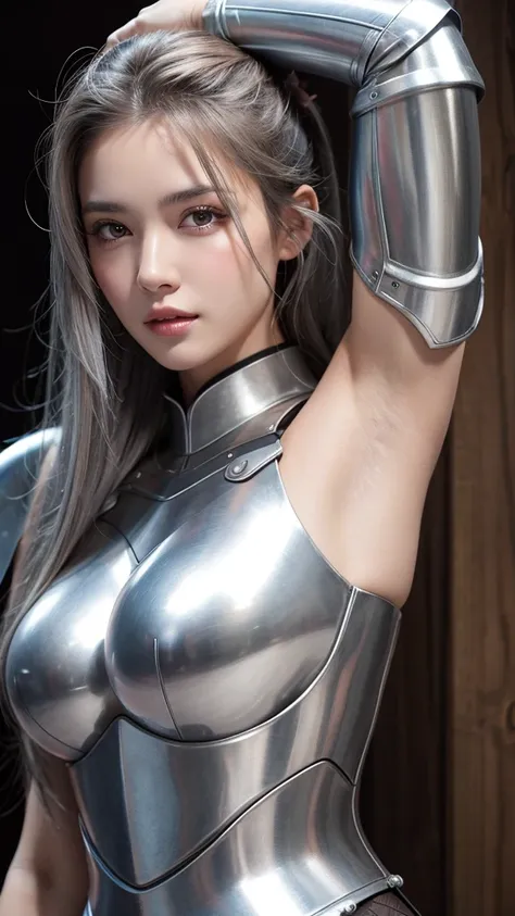 Realistic, High resolution, 1 female, alone, Hip Up, Displaying the viewer, (Detailed face), Gray Hair, Long Hair, knight armor、Steel Armor、Armpit