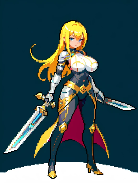 (masterpiece, top quality, best quality), pixel,pixel art,1girl,huge breast,yellow hair, wearing silver armor,hold a sword,full body, 
 