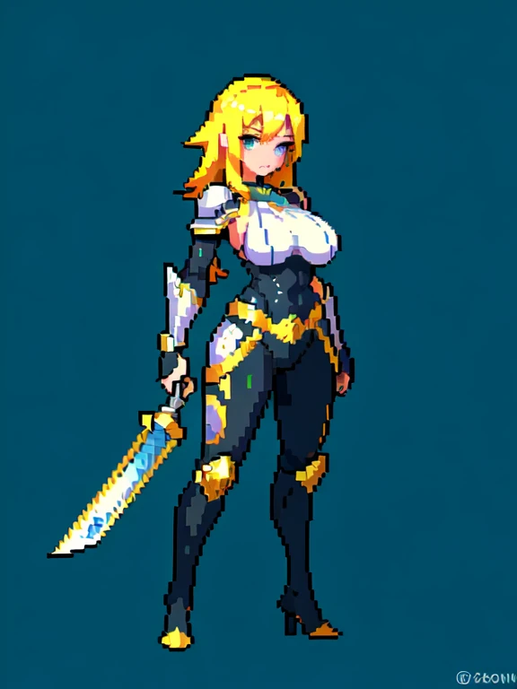 (masterpiece, top quality, best quality), pixel,pixel art,1girl,huge breast,yellow hair, wearing silver armor,hold a sword,full body, 
 