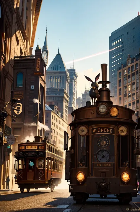 a rabbit,steampunk hat,(steampunk),rabbit Running through the big city,big gear,has pocket watch,steam engine, steam technology,long shot,America in the late 19th century,beautiful lighting, volumetric lighting, dynamic angle,sharp,