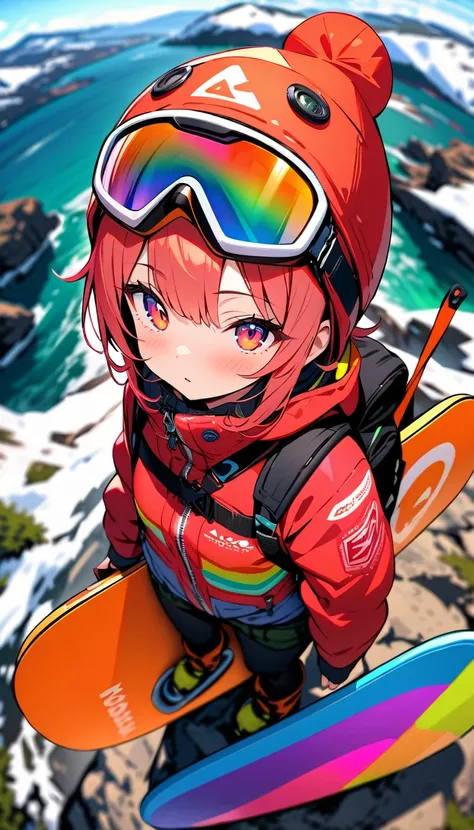 (masterpiece, best quality), (colorful:1.4), from above, solo, 1girl standing on a rocky mountain peak with a snowboard in hand and a bag of avalanche safety equipment, depth of field, fisheye lens