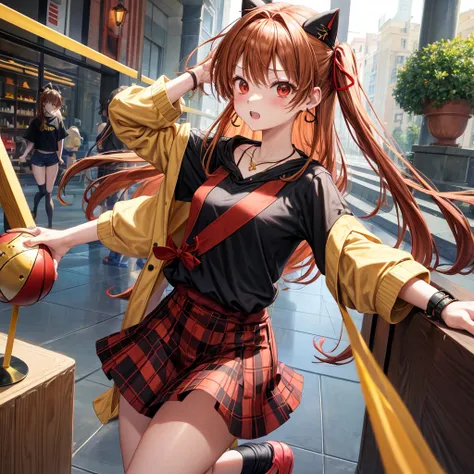 Brown, red, gold, golden hair、Red eyes、One good looking girl、solo、anime、Checkered mini skirt、Black camisole、Black T-shirt、hoodie、Wearing a ribbon、Ribbon on waist、Crystal Earrings、Gemstone Necklace、Light and shadow、Tilting face、Teeth are visible、Marble pill...